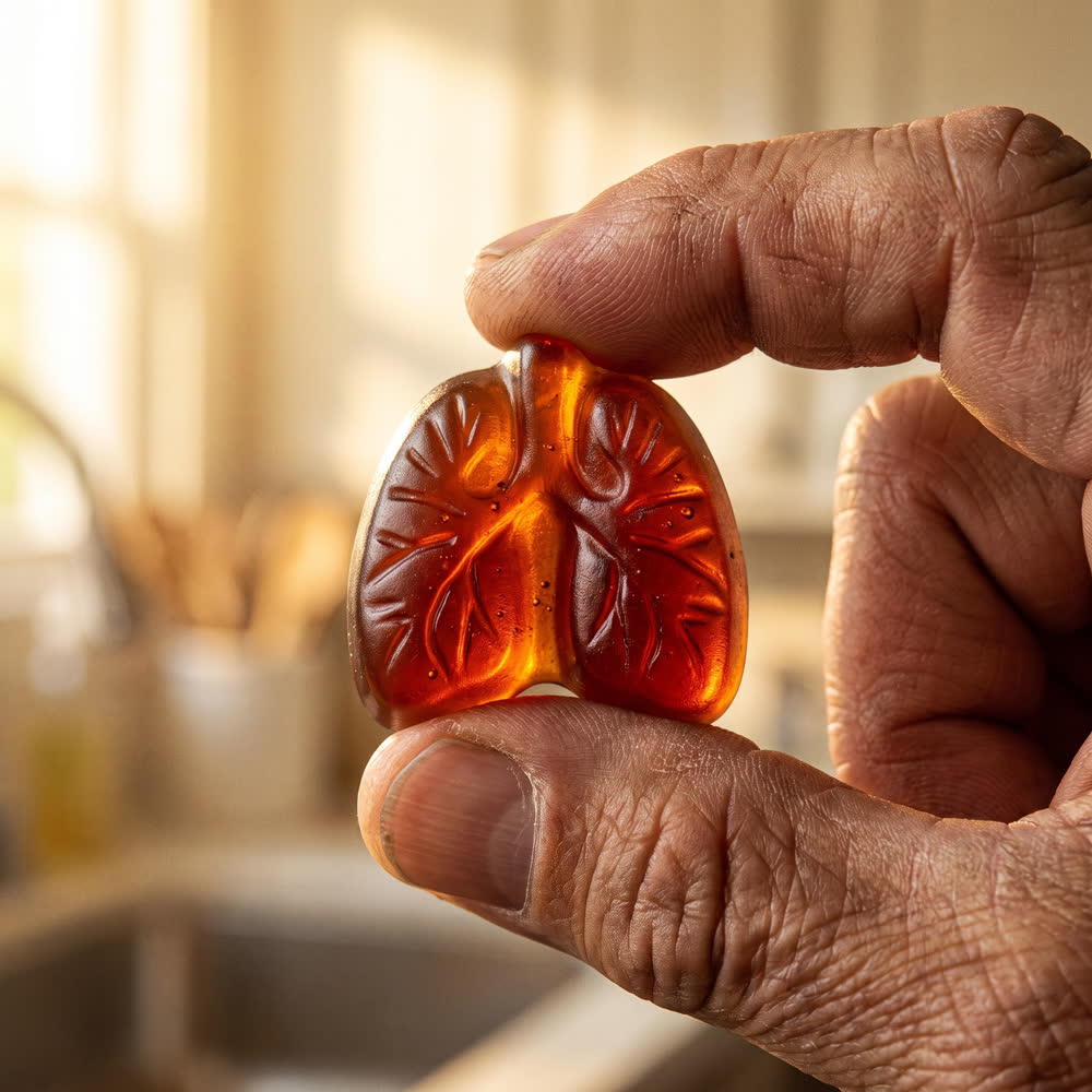A single lung-shaped amber gummy held up to the light between finger and thumb