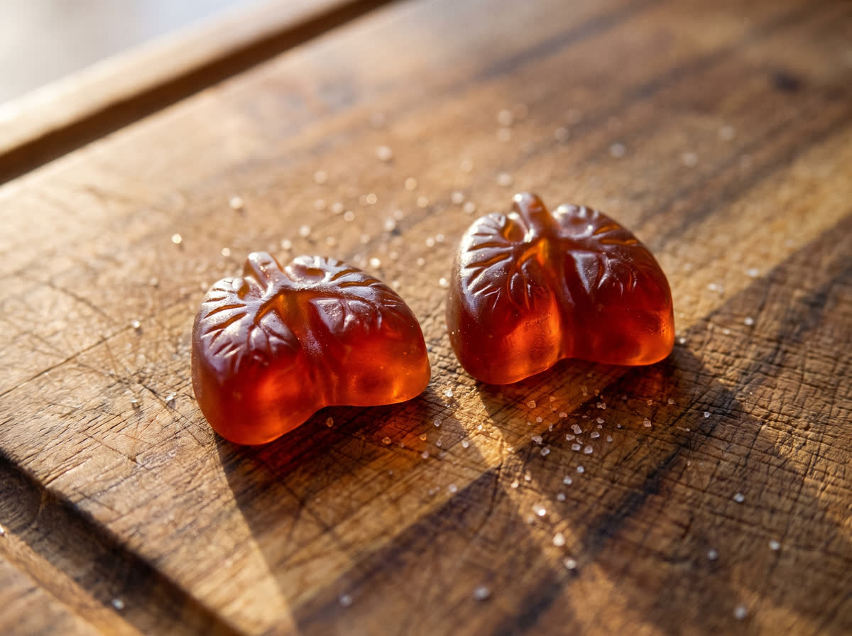 Two lung-shaped amber mullein gummies on a wooden cutting board in morning light